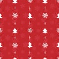 Vector seamless Christmas pattern; white christmas trees and snowflakes on red background. Royalty Free Stock Photo